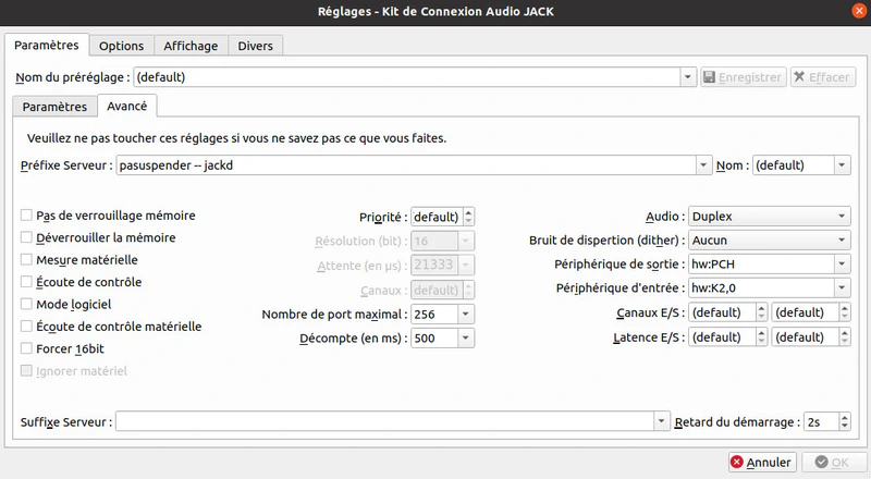 Jack : réglages Jack : réglages
